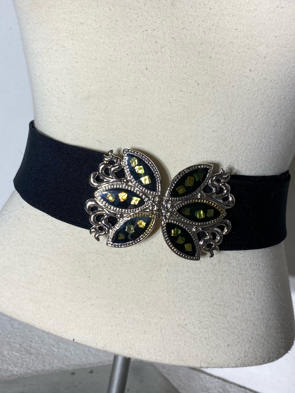 Vintage 80s Black Stretch Belt W Butterfly Buckle Whimsigoth Boho Retro 90s